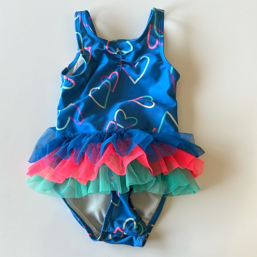 Cat & Jack Girl 3T Blue Pink Heart Tutu One Piece Bathing Suit